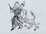 un dessin à l'encre représentant un homme chevauchant un taureau avec une femme sur le dos