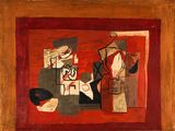 une image représentant un tableau où l'on voit un homme et une femme dans une pièce rouge