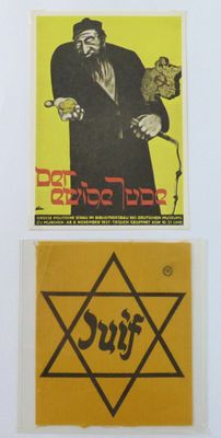 three stickers with a picture of a man holding a bird and a star of david