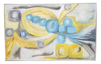 a painting of blue and yellow fruit on a table