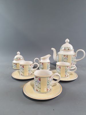 four cups and saucers with saucers and saucers on a table