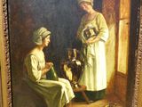 un tableau représentant une femme et une autre femme assise devant une machine à coudre