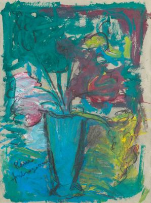 une image d'une peinture de fleurs dans un vase sur une table