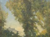un tableau représentant un arbre dans un champ, avec le ciel en arrière-plan