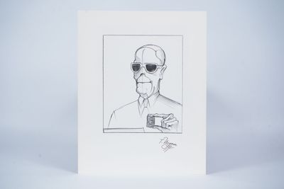 drawing of a man with sunglasses and a tie holding a drink