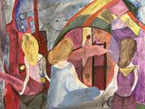 a painting of a group of people standing in front of a building