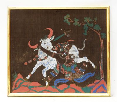 an image of a painting of a man riding a bull on a horse