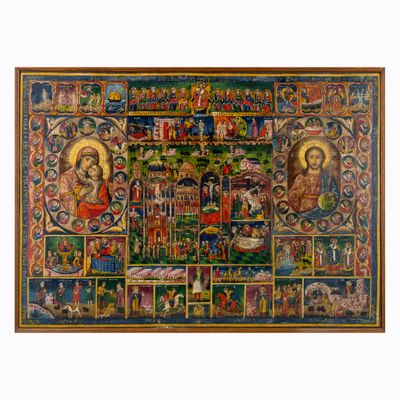 une image représentant un tableau illustrant une scène religieuse avec de nombreux personnages religieux
