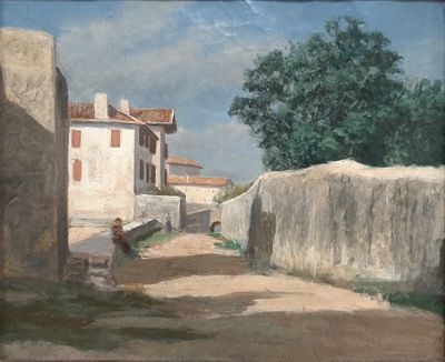 painting of a man walking down a dirt road past a stone wall