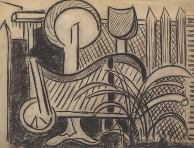 reproduction d'un dessin en noir et blanc représentant une chaise et une horloge