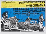 une affiche bleue et jaune sur laquelle figurent un homme et une femme