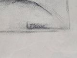 pencil drawing of a boat in the water with a hill in the background