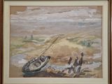 une image d'un tableau représentant un bateau sur la plage