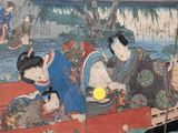 a painting of three women in a boat on the water