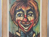 painting of a clown with a red nose and a bow tie in a wooden frame