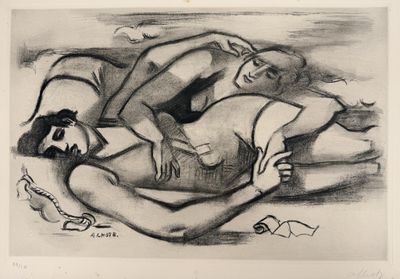 an image of a drawing of a man and a woman laying on a bed