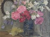 a painting of flowers in a blue vase on a table