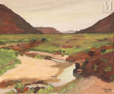 une peinture à l'huile représentant une rivière qui traverse une vallée verdoyante