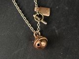 un gros plan d'un collier avec une clochette suspendue à une chaîne
