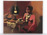 tableau représentant une femme assise à une table, avec une assiette de nourriture devant elle