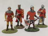 three figurines of knights with spears and shields on a white surface