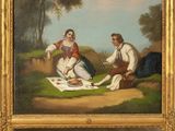 tableau représentant deux personnes assises sur une couverture dans un champ