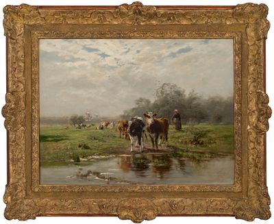 painting of a group of cows in a field by a stream