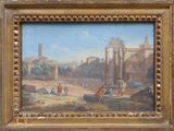 an old painting of a roman city with people in the foreground and a building in the background