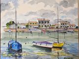 a painting of boats in a harbor with buildings in the background