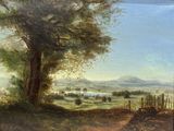 an oil painting of a landscape with a tree and a fence