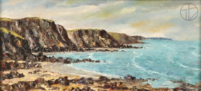 une peinture à l'huile représentant une vue de plage avec des rochers et un plan d'eau