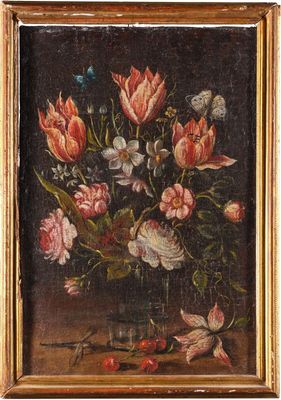 painting of flowers in a glass vase on a table