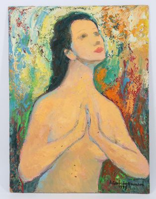 une peinture à l'huile représentant une femme les mains jointes en prière