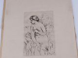 an old book with a drawing of a woman sitting in a field