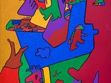 peinture abstraite représentant un groupe de personnes aux couleurs et aux formes variées