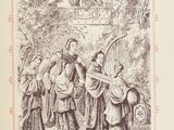 illustration tirée d'un vieux livre représentant un homme et une femme debout devant un bâtiment