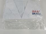 a white napkin with a red, white and blue logo on it