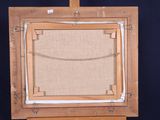an old wooden easel with a painting on it on a black background