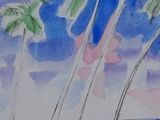 a watercolor painting of a beach scene with palm trees