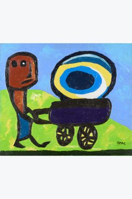 a painting of a man pushing a cart with a large eye on it