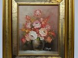 a painting of flowers in a vase on a table