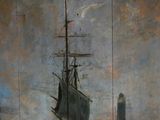a painting of a ship in the water on a wall