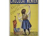 une image d'une affiche publicitaire pour les chocolats Menier, sur laquelle figure une petite fille en robe bleue