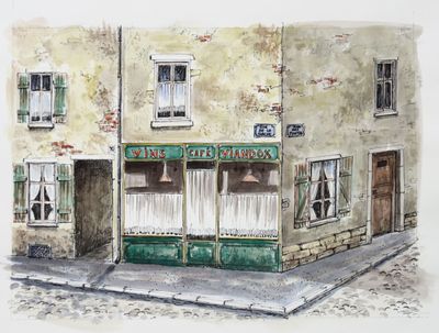 un dessin représentant un bâtiment avec une devanture de magasin
