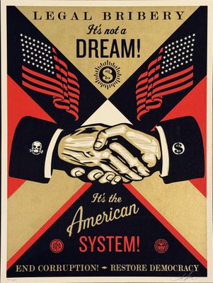 a poster with two hands shaking each other in front of an american flag