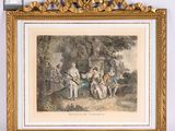 une gravure ancienne représentant un groupe de personnes jouant de la musique dans un décor boisé