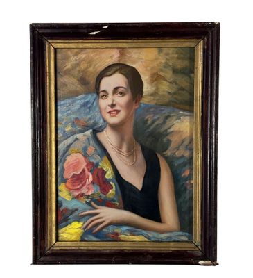 tableau représentant une femme en robe noire tenant un bouquet de fleurs