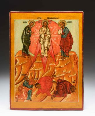 une icône représentant la résurrection de Jésus sur une plaque en bois