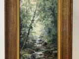 une peinture à l'huile représentant un ruisseau traversant une forêt