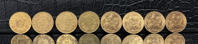Huit pièces de monnaie en or à valeur faciale de 20 francs. PB : ...